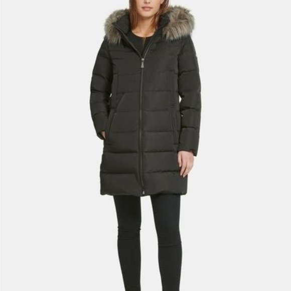 DKNY Faux Fur Trim Hood Puffer Coat